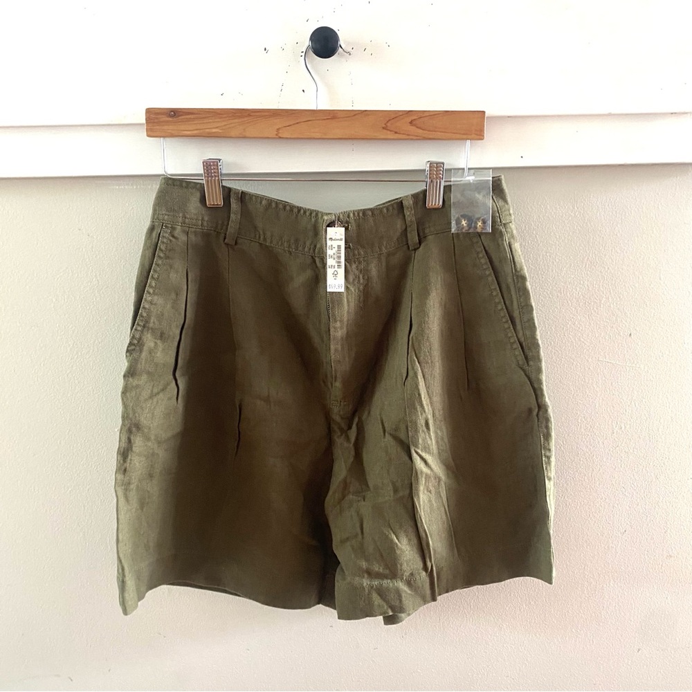Madewell Linen Long Pleated Shorts Kale Green Brown Size 8 - Picture 3 of 8